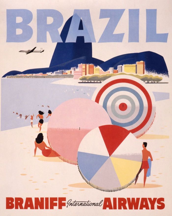 Picture of a travel poster from the 50's. Reads Brazil and Braniff International Airways