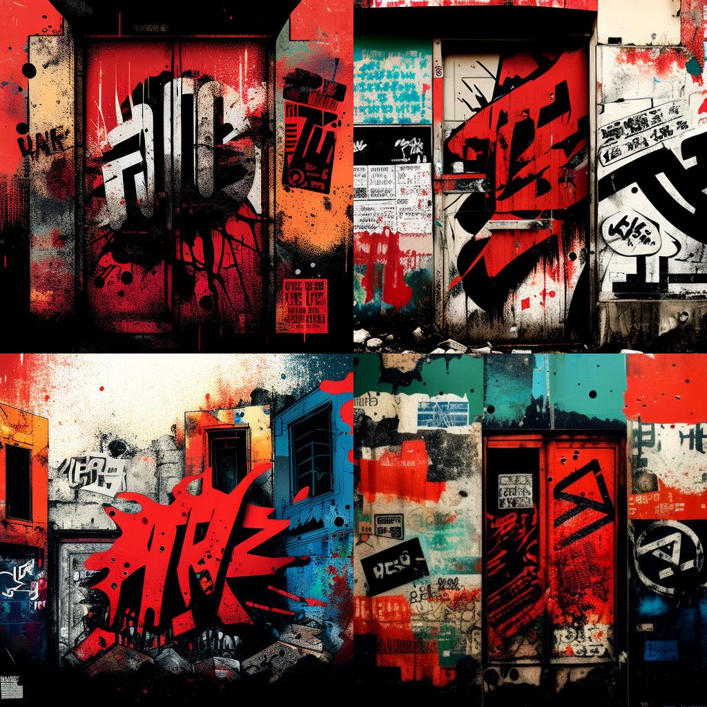 4 different computer generated of graffiti on dirty walls, with asiatic looking typography in black, red and white tones