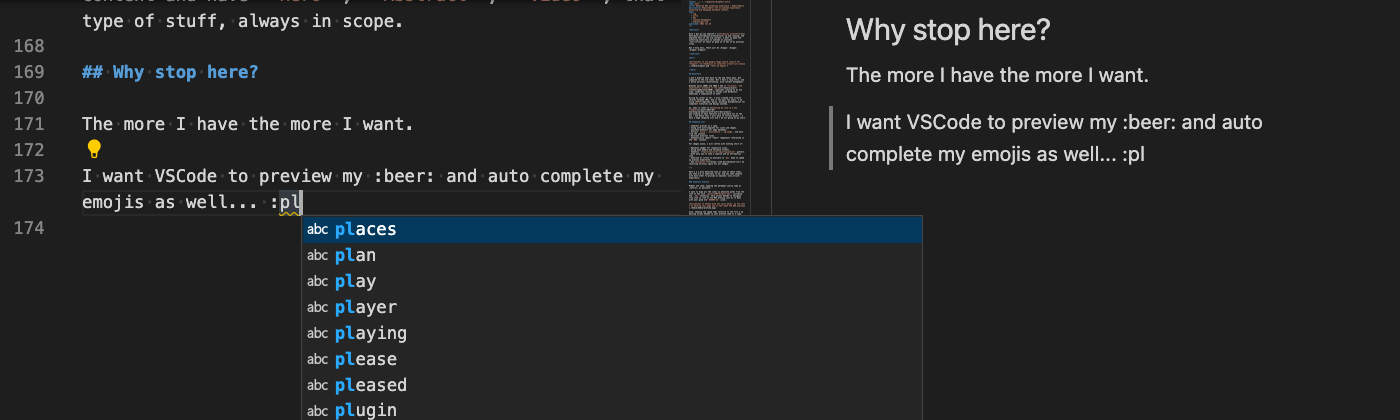 "Screenshot of VSCode suggestion arbitrary words to auto-complete my emoji"