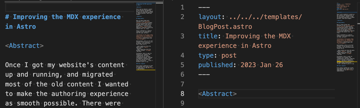 "Screenshot of two versions of the same file. On the left, there is no frontmatter, because title and abstract are inferred from the content.