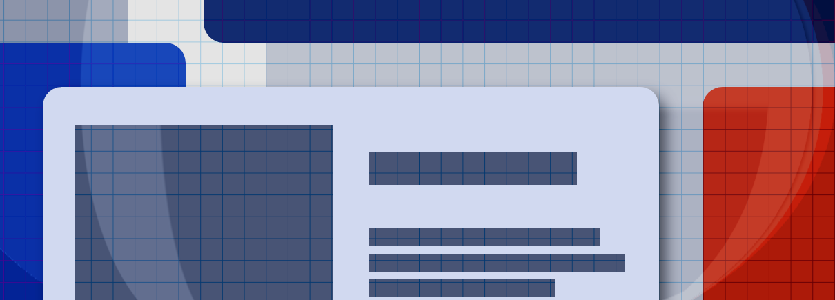 Abstract illustration of web-design containers, surfaces, and layouts overlayed on grid paper, in tones of blue, red, and gray