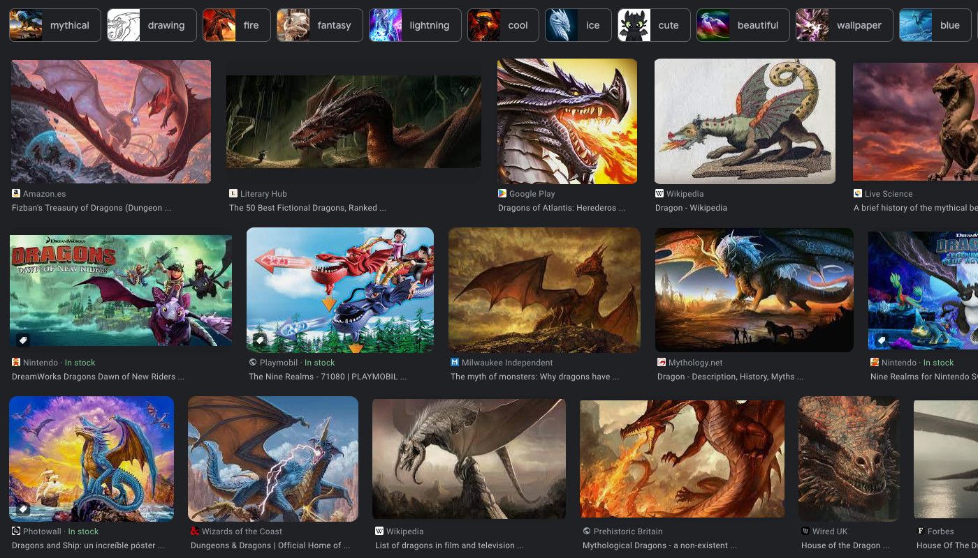 Screenshot of the google image search results for "dragons"; 15 thumbnails of colourful artwork are shown