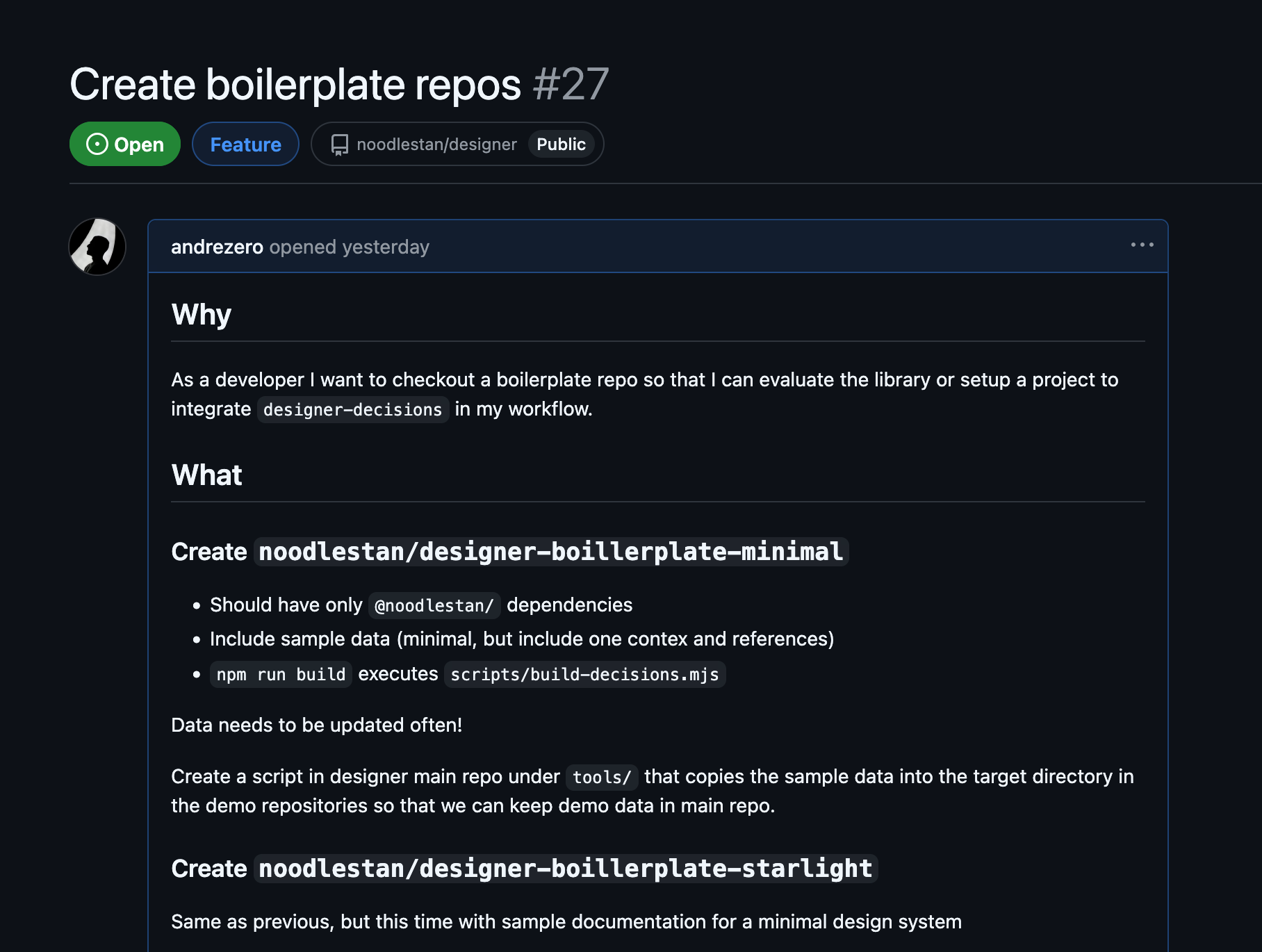 Screenshot of a task on Github with Why/What sections