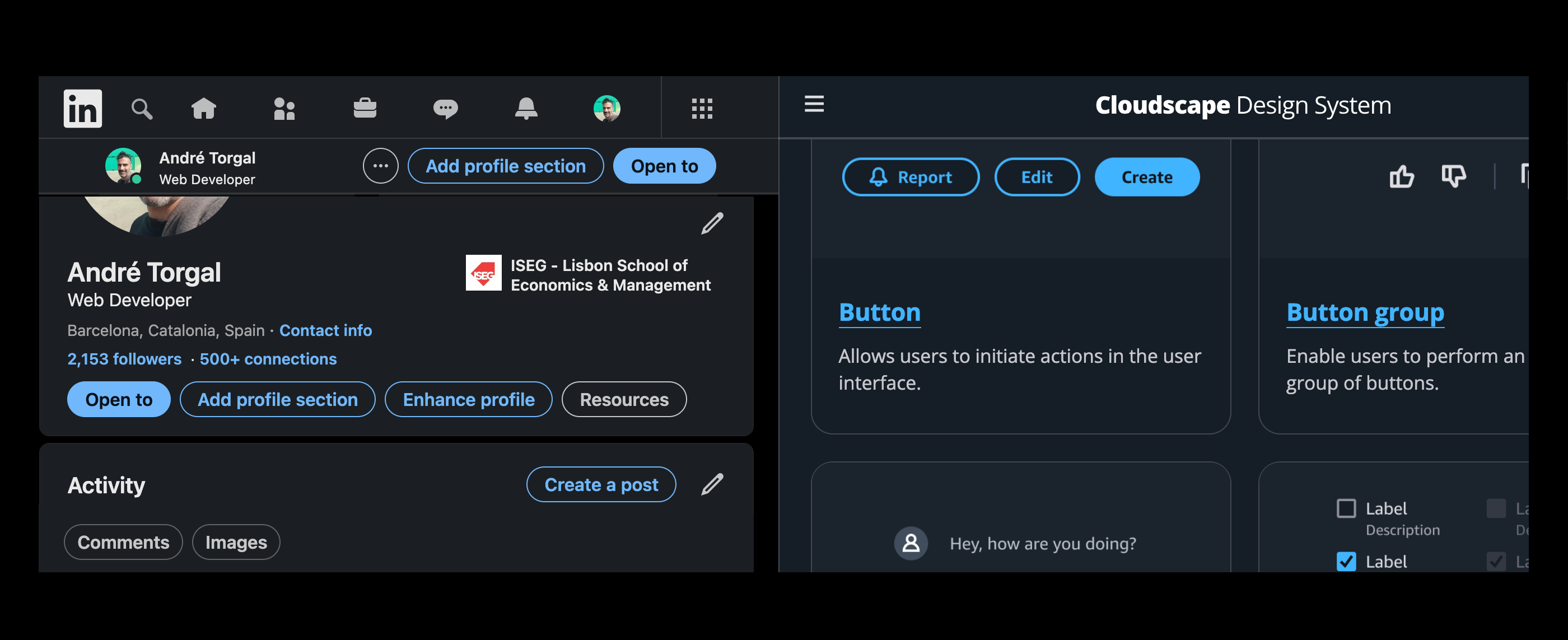 Screenshot of LinkedIn and Cloudspace documentation side by side, showcasing similar primary and secondary buttons