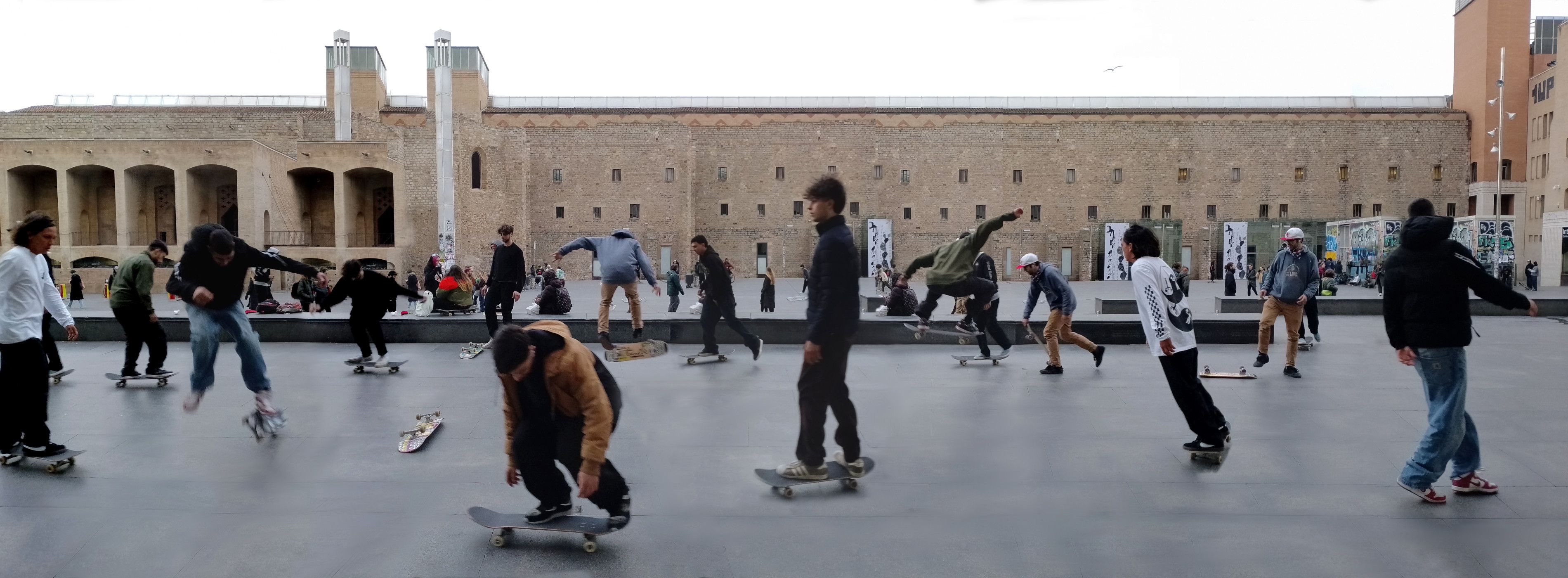 Collage of different photos of skateboarders doing tricks in the plaza