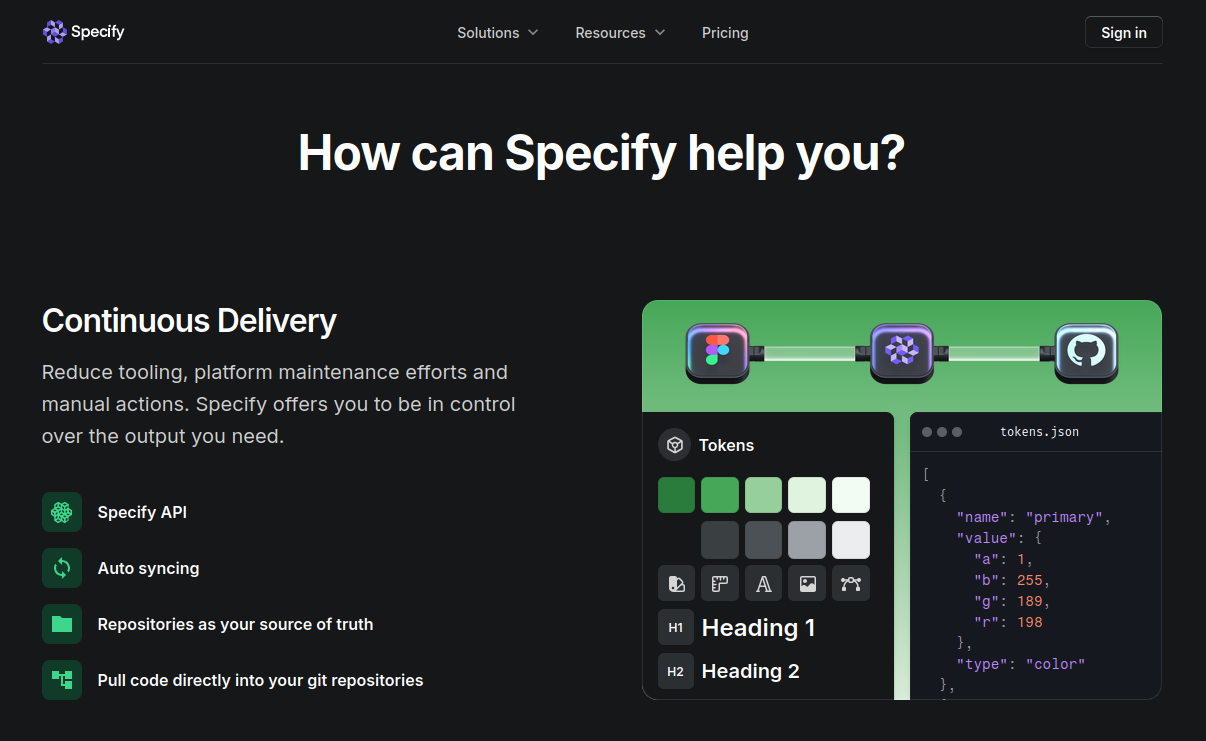Screenshot of a Specify marketing page promising integration with continous delivery tools