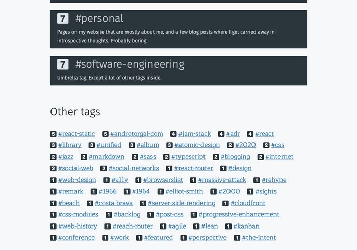 Screenshot of the tags page on this website. It lists a lot of tags related to web development, all with an unimpressive number of posts