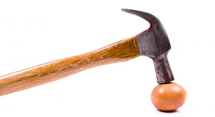 Stock photo of a hammer lightly touching a chicken egg