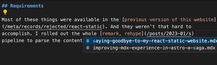 Screenshot of VSCode showing a line of markdown code and VSCode suggesting auto-completions for a link to another page