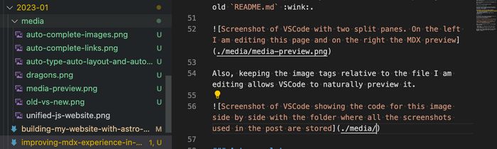 Screenshot of VSCode showing the code for this image side by side with the folder where all the screenshots used in the post are stored