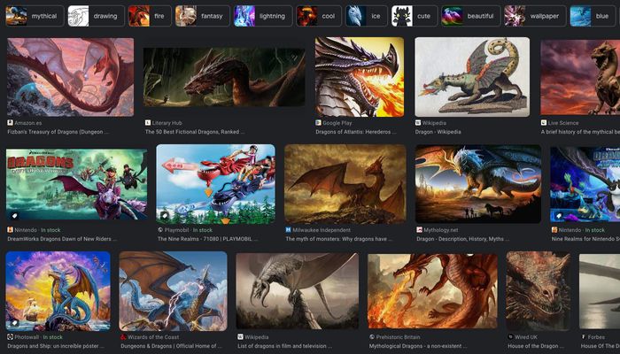 Screenshot of the google image search results for "dragons": 15 thumbnails of colourful artwork are shown