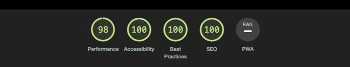 98 Performance, 100 accessibility, 100 Best practices, 100 SEO