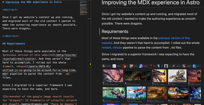Screenshot of VSCode with two split panes. On the left I am editing this page and on the right the MDX preview
