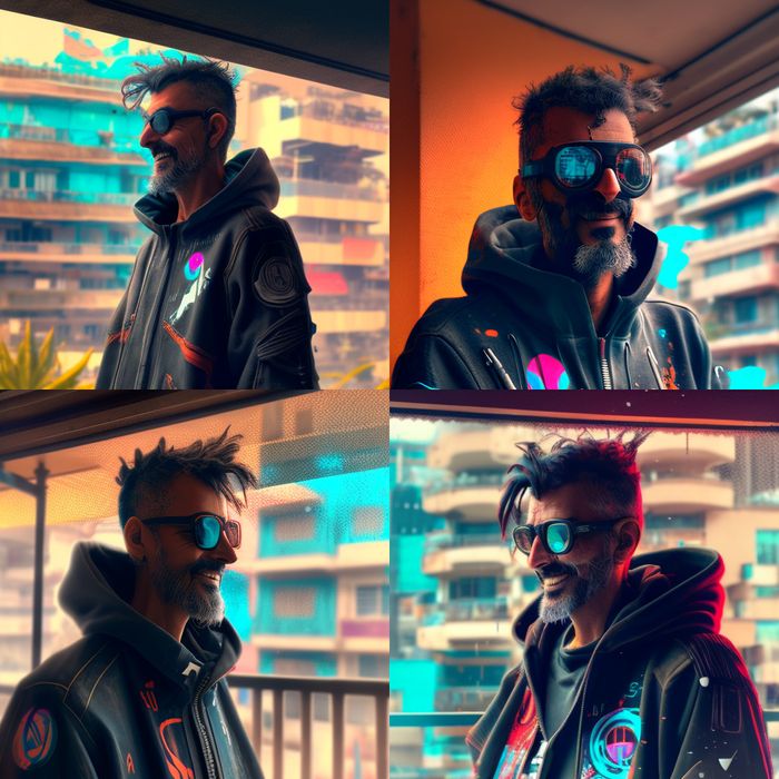 4 different computer generated images of me wearing a futuristic hoodie and futuristic sunglasses