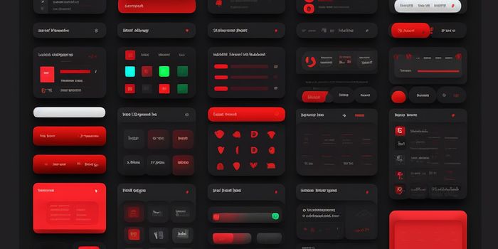An AI interpretation of what design system component gallery sheet looks like, with very little detail, with a the sheet looks like in its slick dark theme with red and white elements.