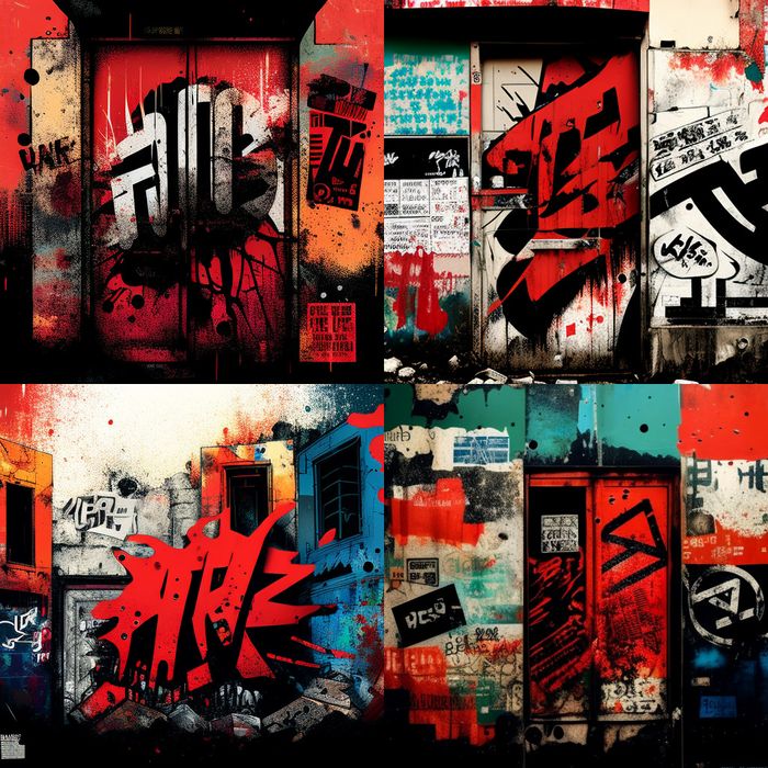 4 different computer generated of graffiti on dirty walls, with asiatic looking typography in black, red and white tones