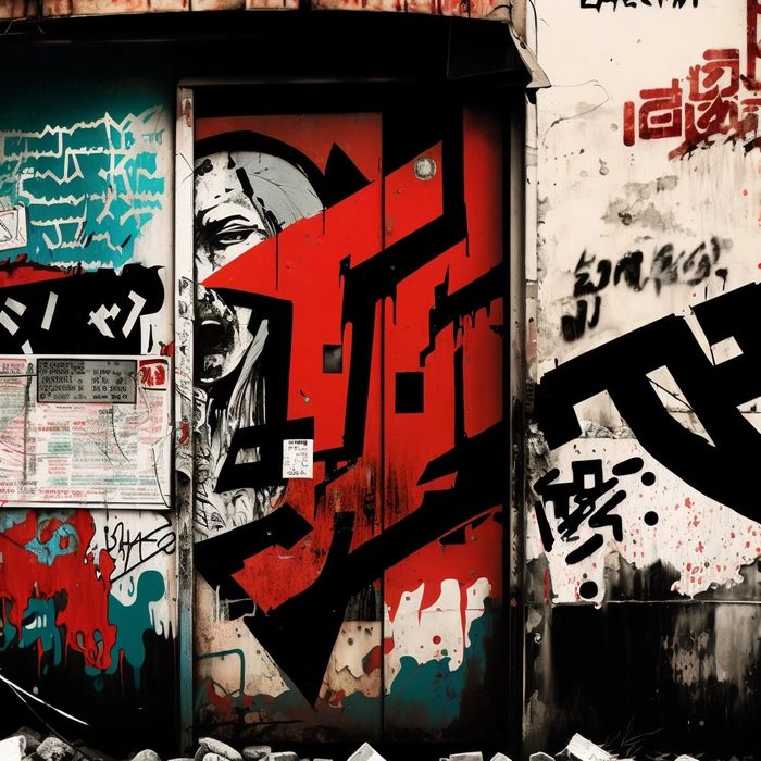 Computer generated image of graffiti on dirty walls, with asiatic looking typography in black, red and white tones