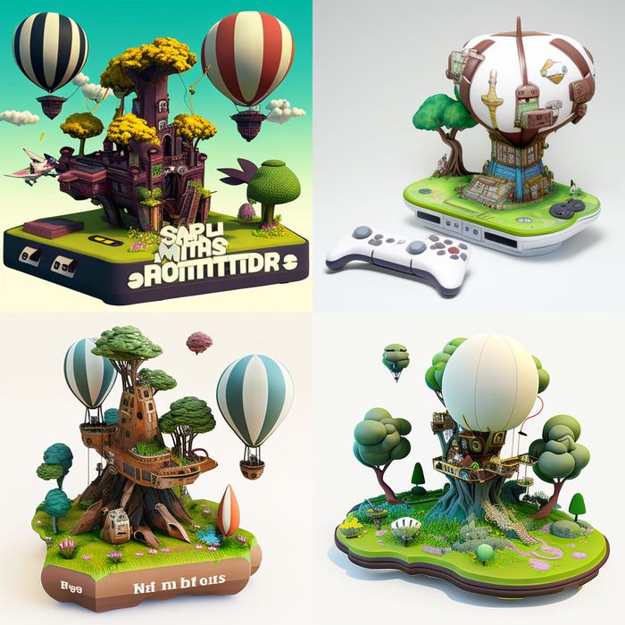 4 different computer generated cartoonish and colourful images, with a big tree house and a couple of hot air balloons flying around it