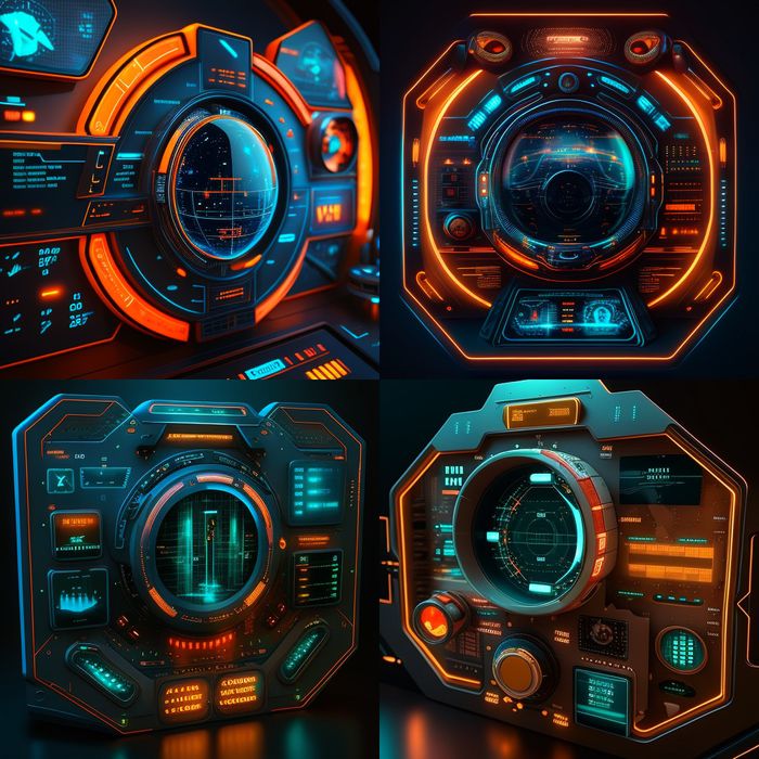 4 different computer generated images representing futuristic controls of a spaceship. Everything is neon orange and blue.