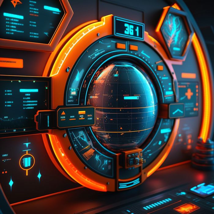 Computer generated image representing an spaceship control panel with a big central globe and a few glassy displays with instruments surround it, framed by bright orange neon lights