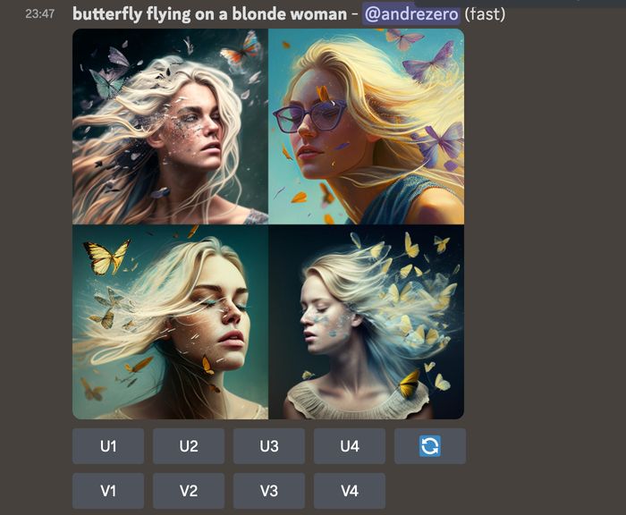 4 different computer generated images of a woman's head surrounded by butterflies