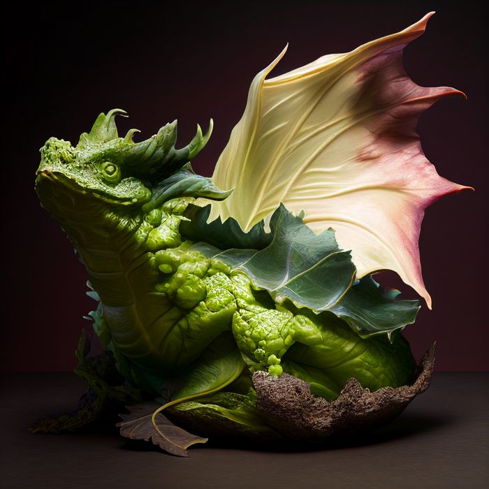 Computer generated image of toad looking dragon with cabbage wings, but no fire or smoke