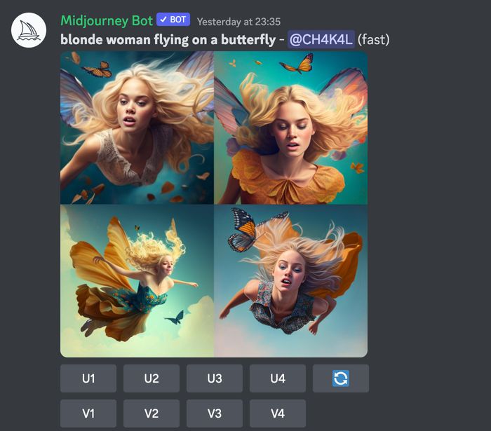 4 different computer generated images of blonde women with butterfly wings, none of them flying on a butterfly
